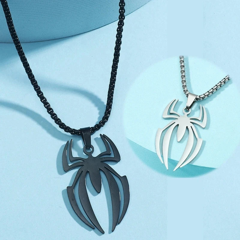 Spider Logo Necklace – Stainless Steel Superhero Pendant Chain for Men
