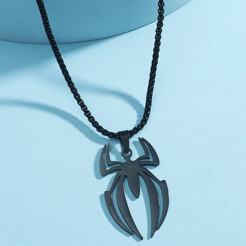Spider Logo Necklace – Stainless Steel Superhero Pendant Chain for Men