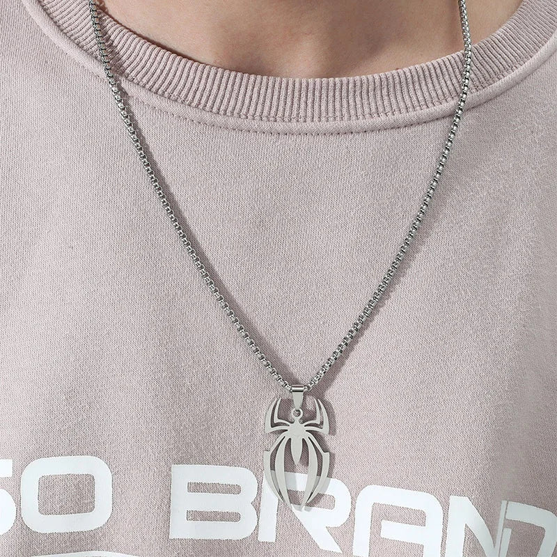 Spider Logo Necklace – Stainless Steel Superhero Pendant Chain for Men
