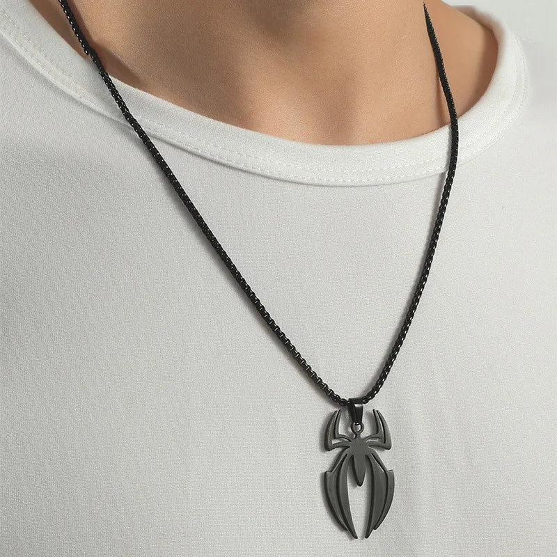 Spider Logo Necklace – Stainless Steel Superhero Pendant Chain for Men